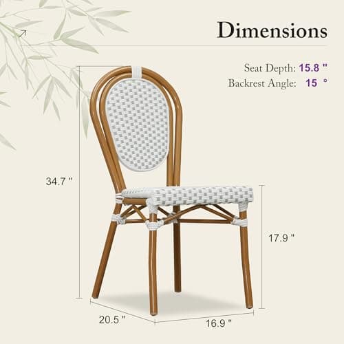 PURPLE LEAF Patio Dining Chair Set of 2 Outdoor French Aluminium Frame in Bamboo Finish with White & Gray Woven Rattan for Indoor Kitchen Deck Bistros Cafe Restaurant - Thumbnail 2