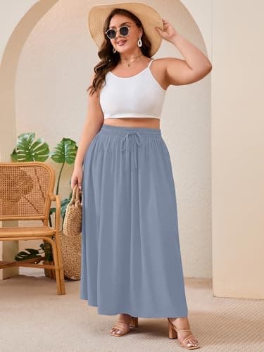 AusLook Plus Size Maxi Skirt for Women High Waisted Elastic Waist Flowy A Line Long Blue Gray 3X Skirt with Pockets Casual Summer Beach Vacation - Thumbnail 5