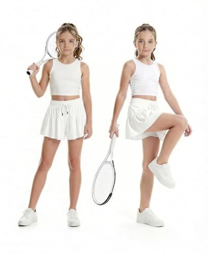 Stelle Girls Athletic Shorts Flowy 2 in 1 Butterfly Short Running Soccer Tennis Sports Shorts with Pocket,White,12-13 Years - Thumbnail 4