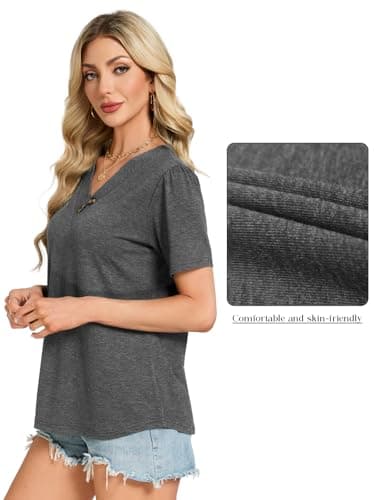 VUTRU Tops for Women V Neck Blouse Puff Short Sleeve Henley Tunic Shirt Loose Fitting Work Casual Plus Size Summer Clothes, Grey L - Thumbnail 5
