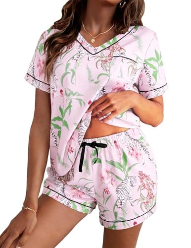ASTANFY Valentines Day Pajamas Women 2 Piece Silk Valentine Pjs Cute Heart Pajamas V Neck Satin Sleepwear Loungewear Set - Image 1