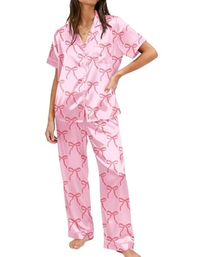 Ekouaer Womens Silky Satin Pajamas Set Short Sleeve Button Down Sleepwear 2 Piece Lounge Set Pj Set Pink Bow Knot Medium - Image 1
