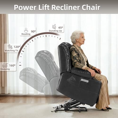 Kasunpul Oversized Power Lift Recliner with Massage and Heat for Elderly, Heavy Duty Reclining Chair, Faux Breathable Leather, Includes USB/Type-C Ports, 2 Cup Holders& Remote Control, Black - Thumbnail 4