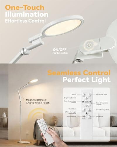 Sun Lamp 12000 Lux Full Spectrum Daylight Therapy Floor Lamp with 670nm Red Light Therapy and Monitor Mount 6-in-1 Modes 9 Color Temperatures 10 Brightness Magnetic Remote 43-68.5 Adjustable UV-Free - Thumbnail 6