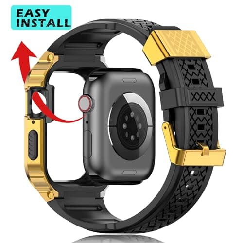 Deczone Band with Stainless Steel Case Compatible with Apple Watch Series 9 8 7 45mm Band, iwatch Bands Rugged Metal Protective Cover for Men (Gold) - Thumbnail 5
