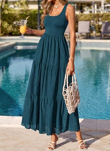 BTFBM Women Summer Eyelet Midi Dresses Casual Spring 2026 Sleeveless A Line Flowy Vacation Beach Wedding Guest Sun Dress(Dark Lake Blue, X-Large) - Thumbnail 5