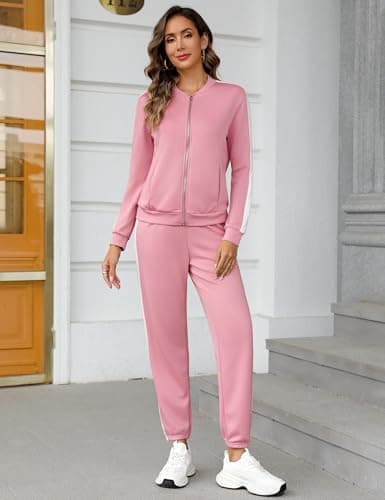 Totatuit Women's Tracksuit 2 Piece Outfits Zip Striped Sportswear Long Sleeve Jogger Suits for Women with Pockets Pink X-Large - Thumbnail 2