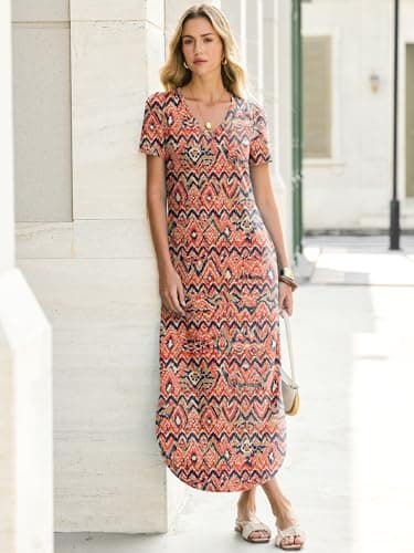 ANRABESS Women’s Summer Maxi Dress V Neck Short Sleeve Slit Side Shirt Dress Loose Fit Travel Beach Dress with Pockets Orange Blue Diamonds X-Large - Thumbnail 6
