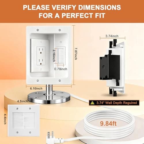 Naerza in Wall Cable Management Kit with Recessed Tv Outlet Box-Two-Hole Socket, 9ft Cord,Tv Cable Hider Wall Kit Hider Box Fits All Plugs, Easy, Safe Cable Management - Thumbnail 2