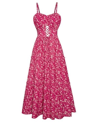 GRACE KARIN 2026 Women's Spaghetti Vacation Sundress Summer Beach Flowy Boho Floral Maxi Dresses with Pockets Rose Red Floral L - Image 1