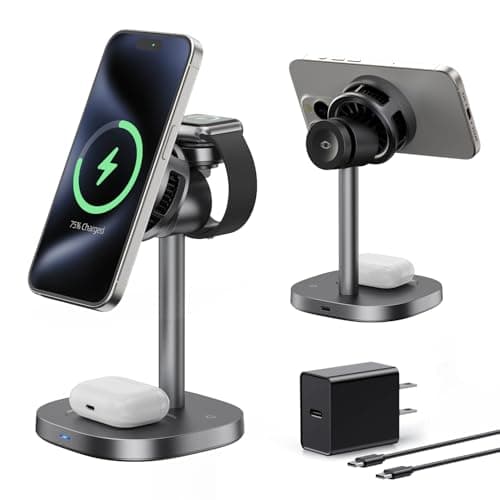havit Qi2 3 in 1 Wireless Charging Station, 15W Magnetic Charger with Cooling Fan for iPhone 17/16/15/14/13/12, Apple Watch & AirPods, Adjustable Stand, 45W Adapter Included