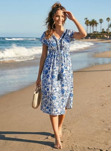 Dokotoo Boho Summer Dresses for Women Floral Sundress for Women Drawstring Waist Daily Lightweight Summer Midi Dress Flowy Wedding Guest Dress Casual Vacation Outfits Resort Wear Blue XL - Thumbnail 3