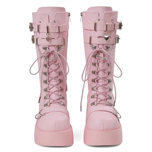 Yremael Women's Pink Platform Boots Wedge Combat Gothic Chunky Heel Lace Up Mid Calf Punk Motorcycle Shoes - Thumbnail 4