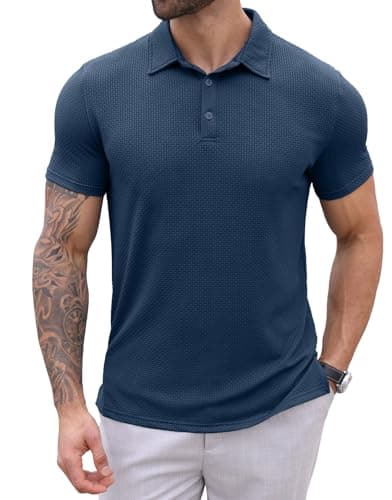 Askdeer Mens Polo Shirt Bubble Jacquard T-Shirt Short Sleeve Stretchy Golf Shirt Dark Blue - Image 1