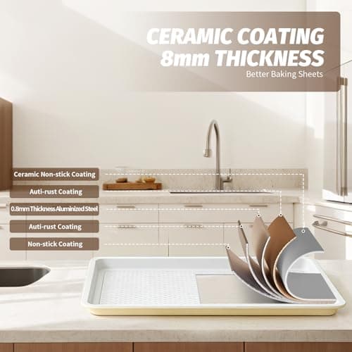 Ymiton Nonstick Ceramic Baking Sheet With Rack, 2-Pack Half Sheet Pan, Non-Toxic, PTFE & PFOA Free, Warp-Free, Oven Safe 550°F, Dishwasher Safe, Aluminized Steel, Gray Yellow - Thumbnail 5