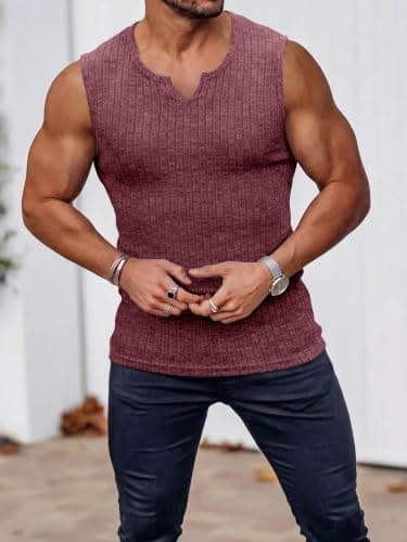 JEMLDL Men's Plus Size Fashion Tank Tops Sleeveless Knit Ribbed V Neck Casual Party Shirts Stylish Breathable Tee Wine Red 3XL - Thumbnail 2