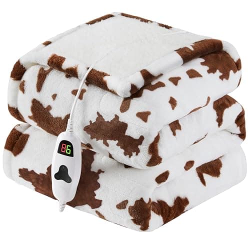Heated Electric Blanket Throw,50X60 Brown Heating Blanket with 10 Heats Levels & 8 Hours Auto Off, Cow Print Western Highland Cow Decor Stuff Fleece Sherpa Blankets Warmer Gifts for Women Adults - Image 1
