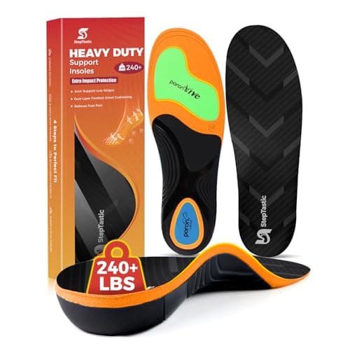 StepTastic 240+ LBS Heavy Duty Support Insoles for Men Women, Orthotic Insert for Plantar Fasciitis, Flat Feet, High Arch Support Inserts with Shock Absorbing, Cuttable, 1 Pair(Orange, M8-9/W9-10)