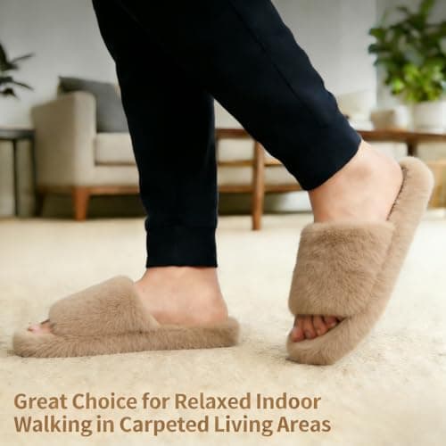 PXPUIQ House Slippers for Women - Fuzzy Slippers with Memory Foam Insole, Arch Support, Faux Fur Lining, Open Toe Design, Lightweight, Non-Slip Sole, Machine Washable, Slip-On Style - Thumbnail 2