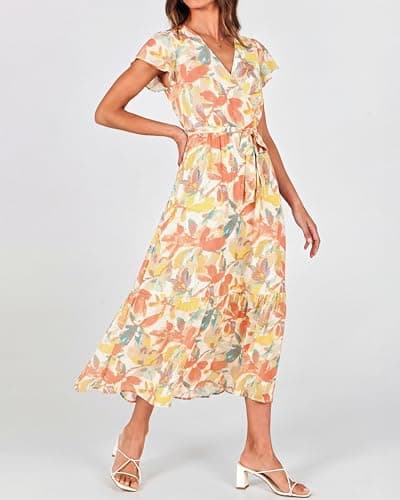 BTFBM Women Summer Bohemian Floral Casual Wrap V Neck Ruffle Cap Sleeveless Belt A-Line Pleated Hem Swing Midi Sun Dress(White Big Flower,Large) - Thumbnail 3