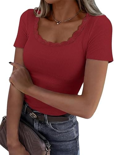 GKBK Scoop Neck Tops for Women Lace Tops Casual Ribbed Short Sleeve Knit Fitted Shirts Soft Slim Tight Basic Tee Shirt for Spring Clothes 2026 Trendy Summer Fashion Outfits Red - Image 1