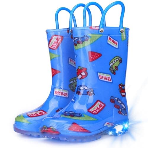 Funspread Toddler Rain Boots Boys Rain Boots - Patterns Light Up Kids Rain Boots with Easy-On Handles Lightwight Waterproof Rain Shoes Blue Size 7 - Image 1