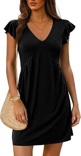 materasu Women’s Casual Summer V Neck Short Sleeve Dress Flowy Ruffle Hem Beach Sundress,Soft Stretchy Lightweight Everyday Dress - Image 1