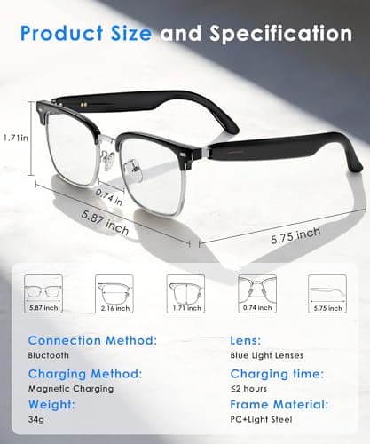 GLOSSIA AI Smart Glasses, Bluetooth Glasses for Men Women, Blue Light Smart Glasses, Hands-Free Calls, Music and Voice Control for Work/Study/Travel - Thumbnail 4