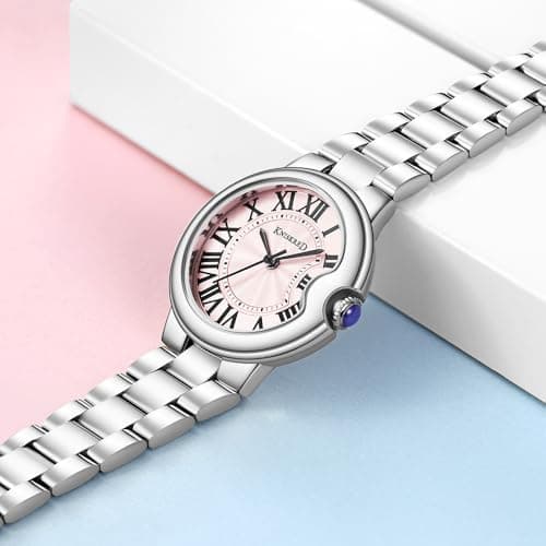 KNISKRED Classic Watch for Women with Vintage Roman Numerals and Solid Stainless Steel Band Ladies Casual Watch (Silver Pink) - Thumbnail 4