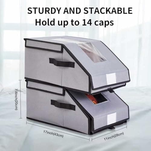 Frlanse 2 PCS Hat Organizer for Baseball Caps, Holds up to 26 Caps hat storage with Drawer, Clear Window, Stackable Oxford Fabric Hat Holder for Closet , Dust-Proof Hat Boxes for Home, Cap Lovers - Thumbnail 3