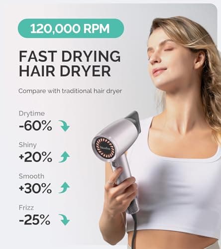 MelodySusie Hair Dryer with Diffuser, 1600W Fast Drying Low Noise Ionic Hair Dryer for Curly Hair with Diffuser,Nozzle and Hair Brush,120,000 RPM Blow Dryer Ideal for Women - Thumbnail 2