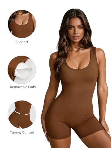 speerise One Piece Workout Jumpsuits for Women Backless Scrunch Gym Romper Sexy Sleeveless V Back Yoga Bodysuit, Brown, Large - Thumbnail 2