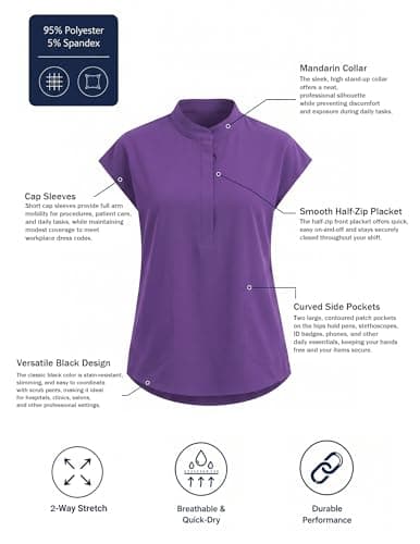 VECARDI Women's Scrub Top Zip Front Stretch Short Sleeve Nurse Uniform Shirt with Pockets Badge Loop Dark Purple - Thumbnail 4