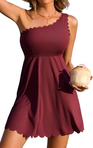 Charmo Womens One Piece Swimsuits Tummy Control Ribbed Skirted Side Tie Modest Bathing Suits Swim Dress Swim Suits for Women 2025 Deep Burgundy L - Image 1