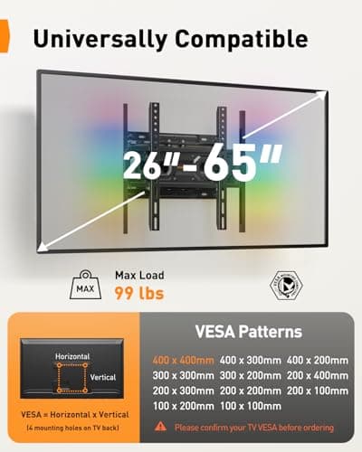 Perlegear AuraFrame™ Pre-Assembled TV Wall Mount with LED Lights for 26-65 inch TVs up to 99 lbs, Max VESA 400x400mm, Swivel, Extension, Tilt, TV Backlights with Music Sync, Fits 16”/12” Wood Studs - Thumbnail 2