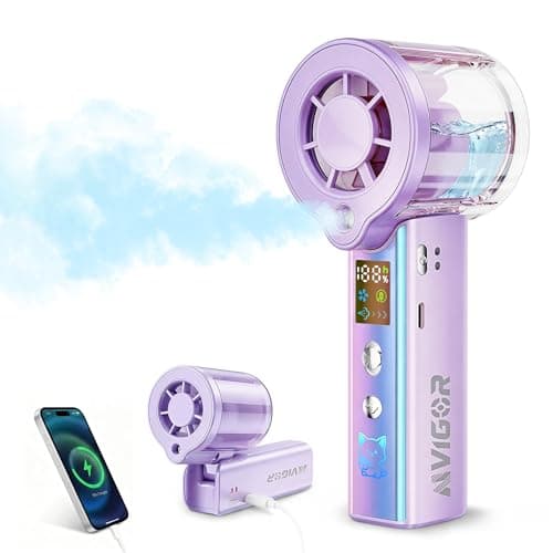 AIVIGOR Portable Handheld Fan with Cooling Mist, 30000 RPM High Speed Turbo Personal Fan with Adjustable Speeds, Rechargeable Mini Misting Fan with LED Display for Travel Outdoor Makeup, Purple
