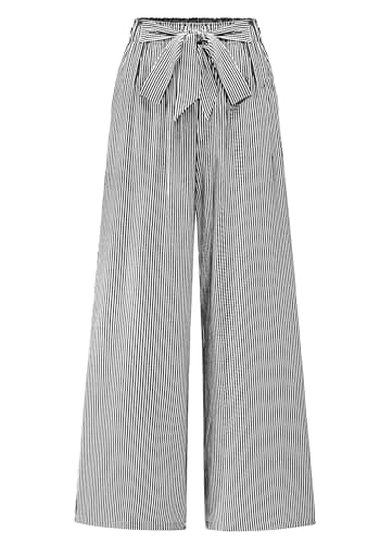 BTFBM Pants for Women 2026 Spring Clothes Striped High Waist Tie Knot Dressy Casual Wide Leg Palazzo Work Trousers Pants(Black, X-Large) - Image 1
