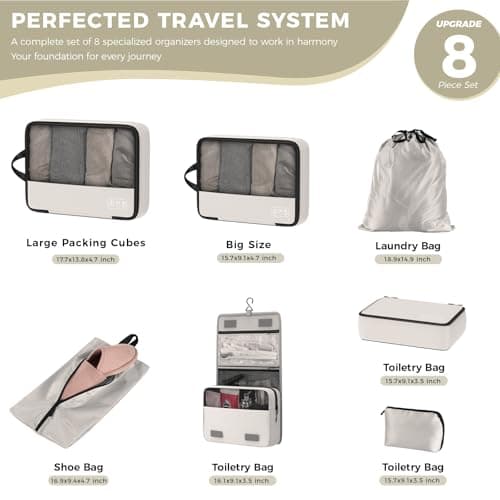 8-Piece Compression Packing Cubes for Travel, Ultralight Aesthetic Luggage Organizer Set, Space Saving Double Zipper Design for Carry-On & Suitcase Organizer, Travel Essentials- Beige - Thumbnail 3