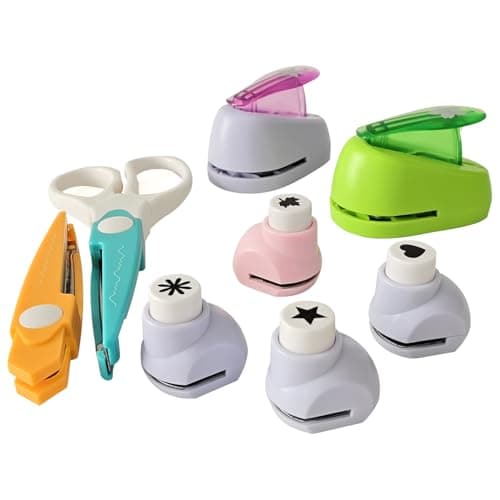 Various Shapes Kids DIY Hole Punch and Pinking Shears Set,for Paper,Cardstock,Scrapbook Cards.6 Mix Shapes Hole Punch and 2 Safety Scissors for Postcard,Arts Fun Projects,Christmas Kids Gifts etc.