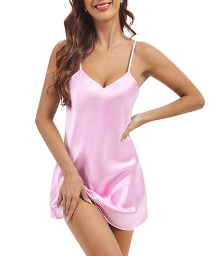 ETOSELL Satin Nightgowns for Women Silk Short Slip Dress Babydoll Sexy Lingerie Sleepwear V Neck Sleep Night Dress Chemise Bright Pink - Image 1