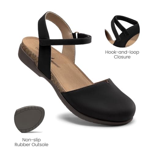 Athlefit Women's Closed Toe Sandals Comfort Cork Footbed Arch Support Flat Sandals Black Size 8 - Thumbnail 5