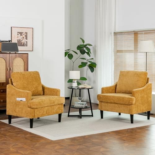 XYPFURN Accent Chairs Set of 2 for Living Room, Mid Century Modern Reading Chair with Side Storage Pocket, Comfy Upholstered Armchair with Solid Wood Legs for Bedroom, Office, Waiting Room (Yellow) - Image 1