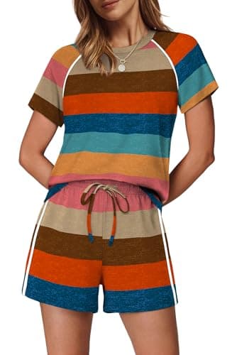 Sampeel 2 Piece Sets for Women Summer Outfits Two Piece 2026 Short Sets Loungewear Matching Sets Women Clothing Sweatsuits Jogging Suits Cruise Wear Vacation Outfits Spring Clothes Striped Orange XL - Image 1