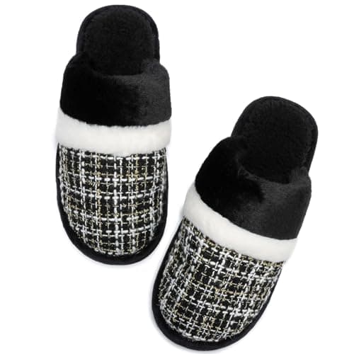 House Slippers for Women Leopard Fluffy Memory Foam Cute Comfy Fuzzy Slippers Slip on Anti-Skid Christmas Gifts for Women Mom Indoor and Outdoor Size 7 8 Chic Black - Image 1