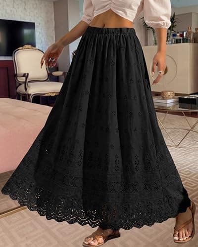 dowerme Women Summer Maxi Skirt Cute Elastic High Waist Boho Eyelet A-Line Cotton Flowy Long Skirts Spring Clothes 2026(Black,Medium) - Thumbnail 6