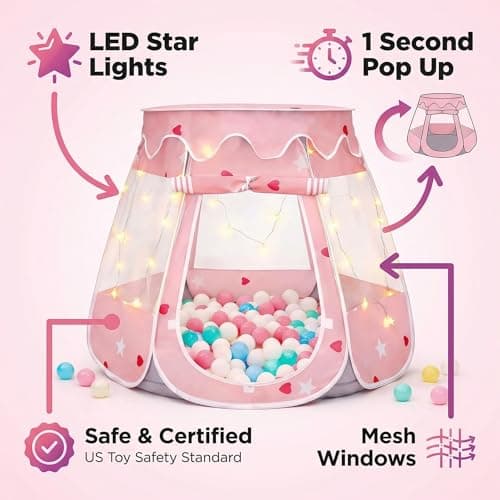 Pop Up Princess Tent with Star Lights for 1 2 3 Year Old Girl Birthday Gifts, Ball Pit for 12-18 Months Baby Girl Toys, Toddler Gifts with Carrying Bag, Indoor&Outdoor Play Tent for Kids (Pink Gray) - Thumbnail 5