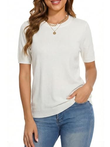 LaGracia Short Sleeve Sweater for Women Wool Blend Crewneck Business Casual Pullover Lightweight Sweaters Beige S - Image 1