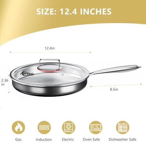 Kurovia Tri-Ply Stainless Steel Frying Pan, Compatible with All Cooktops Up to 600℉, Large Frying Pan with lids, Induction-Ready Skillet, Dishwasher and Oven Safe, Even Heat (12.4 Inch) - Thumbnail 2