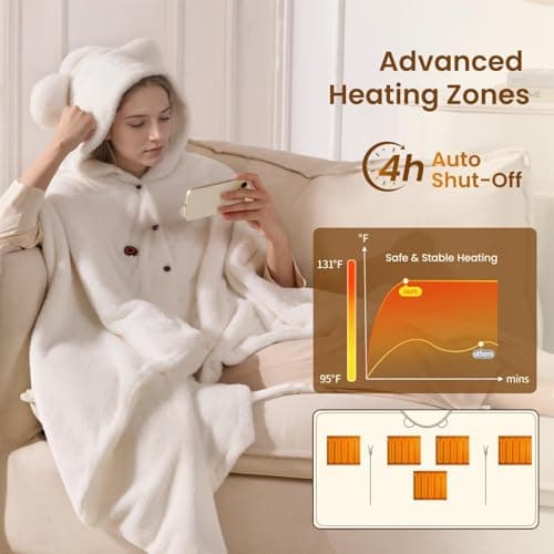 Bearbug Cordless Heated Blanket 50“ x 70", Portable Wearable Heated Blanket Shawl Hoodie Battery Operated, Car Charger, Dc Adapter, 3 Heating Level, Machine Washable, Beige - Thumbnail 6