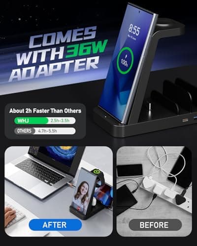 WHJ 5 in 1 Wireless Charger for Samsung, Android Fast Charging Station for Samsung Galaxy S25/S24 Ultra/S23/S22/S21/Note 20/Z Fold 7/6/5, Charger for Galaxy Watch Ultra/7/6/5, Galaxy Buds 2/2 Pro - Thumbnail 2